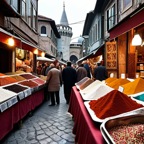**

Prompt: A bustling Istanbul marketplace, overflowing with colorful spices, Turkish delight, and handwoven carpets. Focus on the vibrant atmosphere, the interaction between vendors and customers, and the traditional architecture in the background. Include a detail of a vendor offering Turkish tea in a delicate glass. Warm, inviting, and authentic.

**