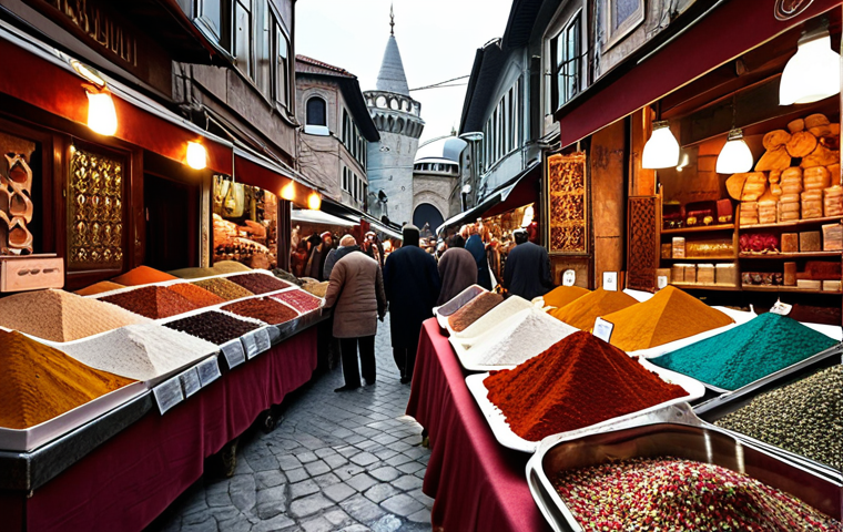 **
Prompt: A bustling Istanbul marketplace, overflowing with colorful spices, Turkish delight, and handwoven carpets. Focus on the vibrant atmosphere, the interaction between vendors and customers, and the traditional architecture in the background. Include a detail of a vendor offering Turkish tea in a delicate glass. Warm, inviting, and authentic.
**