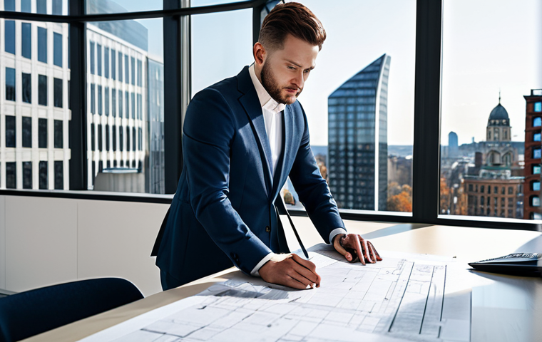 **
"A professional architect, fully clothed in a stylish but modest outfit (e.g., dress pants and a blouse or a well-fitting suit), reviewing blueprints in a brightly lit, modern office space with large windows overlooking a bustling city. The atmosphere is collaborative and focused. Include architectural models and design sketches in the background. Perfect anatomy, correct proportions, well-formed hands, natural pose, safe for work, appropriate content, fully clothed, professional, high quality."
**